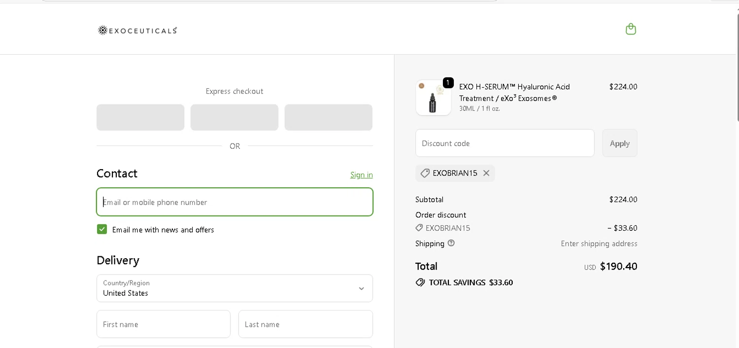 Exoceuticals promo code screenshot showing code EXOBRIAN15 applied at Exoceuticals checkout page. Uploaded by SimplyCodes community member shark12 on Dec 23, 2025