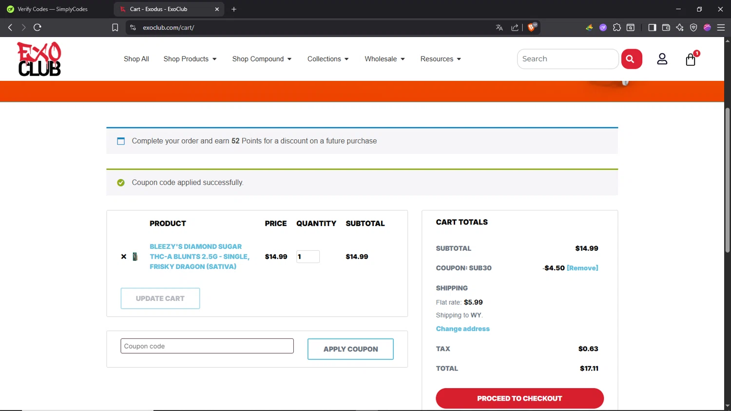EXO Club coupon code screenshot showing code SUB30 applied at EXO Club checkout page. Uploaded by SimplyCodes community member Morrachida04 on Jul 10, 2025