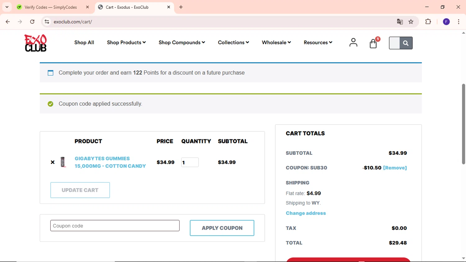 EXO Club coupon code screenshot showing code SUB30 applied at EXO Club checkout page. Uploaded by SimplyCodes community member MightyCaptain635 on Mar 18, 2025
