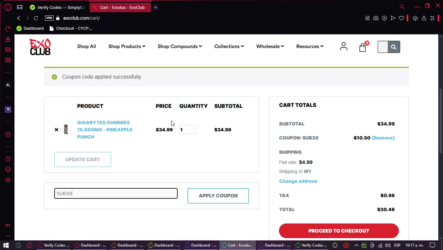 EXO Club coupon code screenshot showing code SUB30 applied at EXO Club checkout page. Uploaded by SimplyCodes community member SavvyCurator2589 on Mar 28, 2025