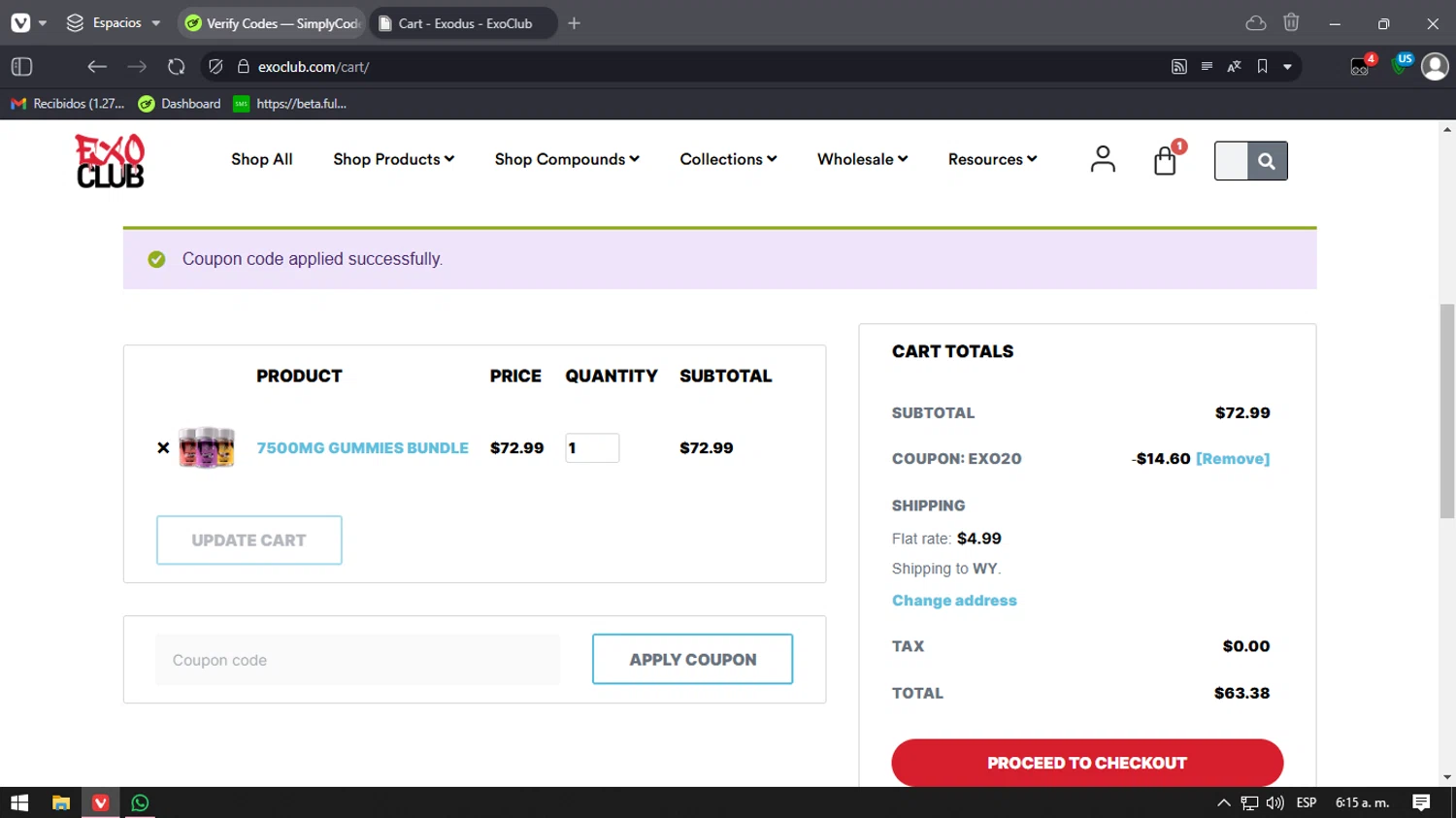 EXO Club coupon code screenshot showing code EXO20 applied at EXO Club checkout page. Uploaded by SimplyCodes community member verify_codes on Feb 20, 2025