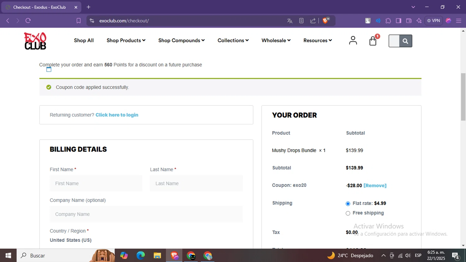 EXO Club coupon code screenshot showing code EXO20 applied at EXO Club checkout page. Uploaded by SimplyCodes community member BargainWizard5755 on Jan 22, 2025