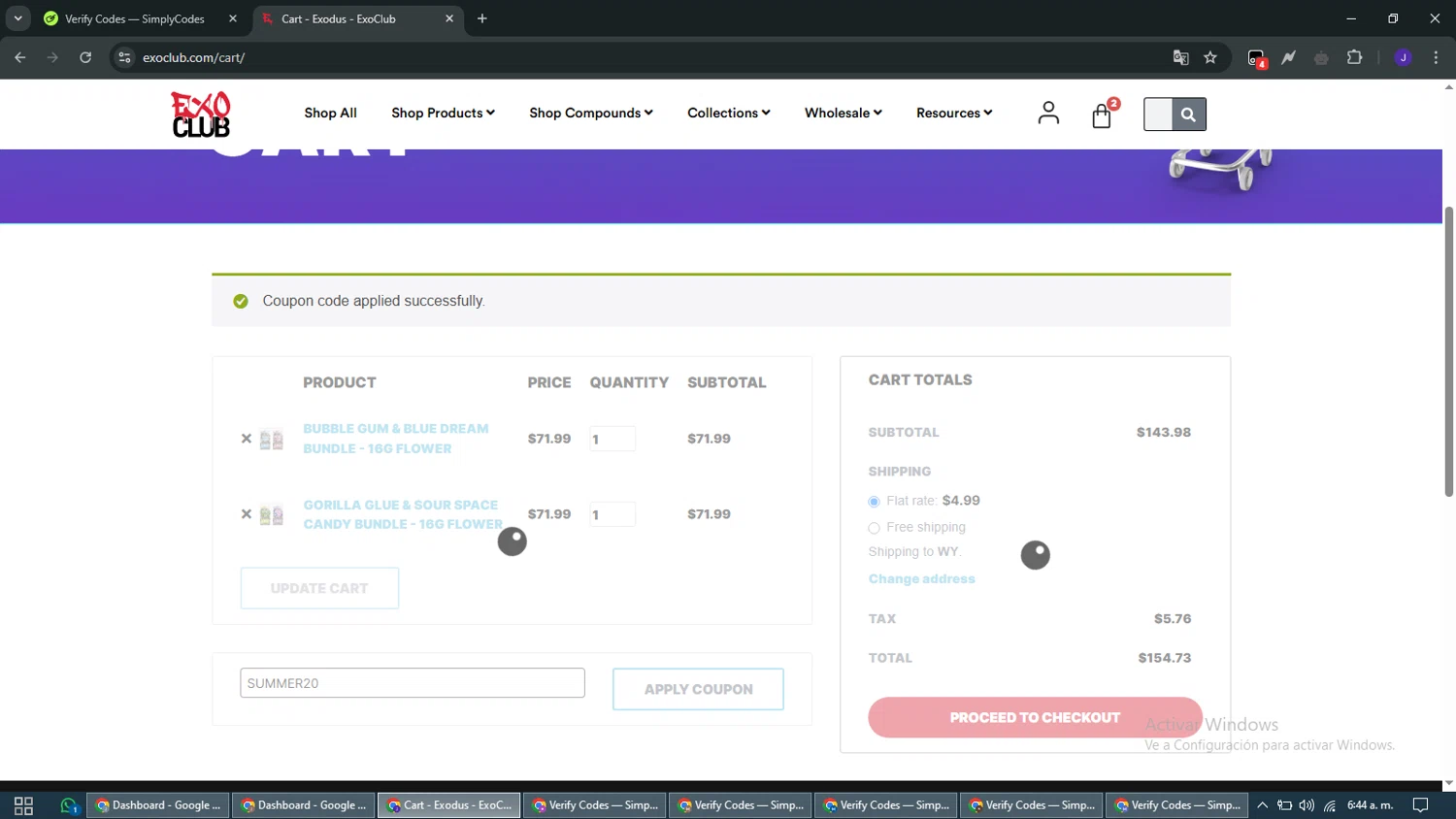 EXO Club coupon code screenshot showing code SUMMER20 applied at EXO Club checkout page. Uploaded by SimplyCodes community member WiseMaven9968 on Mar 26, 2025