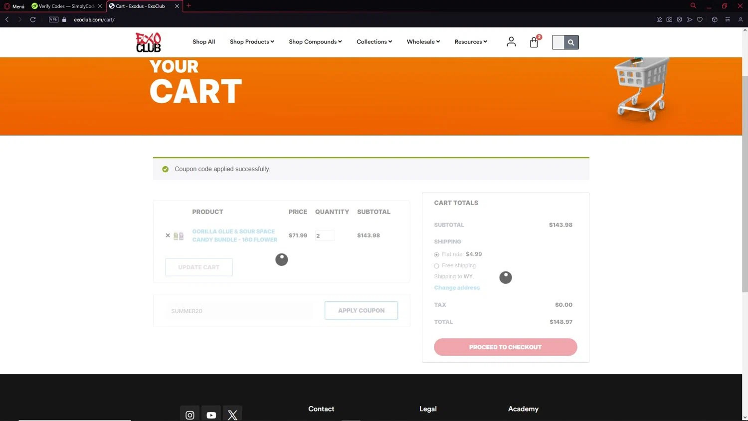 EXO Club coupon code screenshot showing code SUMMER20 applied at EXO Club checkout page. Uploaded by SimplyCodes community member CleverAdmiral2537 on Feb 25, 2025
