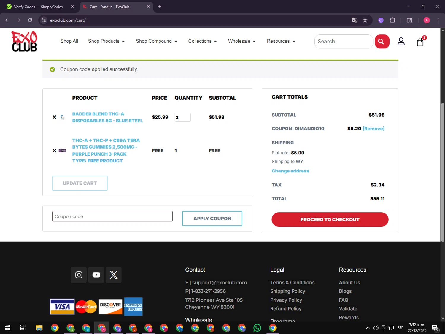 EXO Club checkout page showing EXO Club coupon code box | Screenshot taken by SimplyCodes community member on Dec 22, 2025