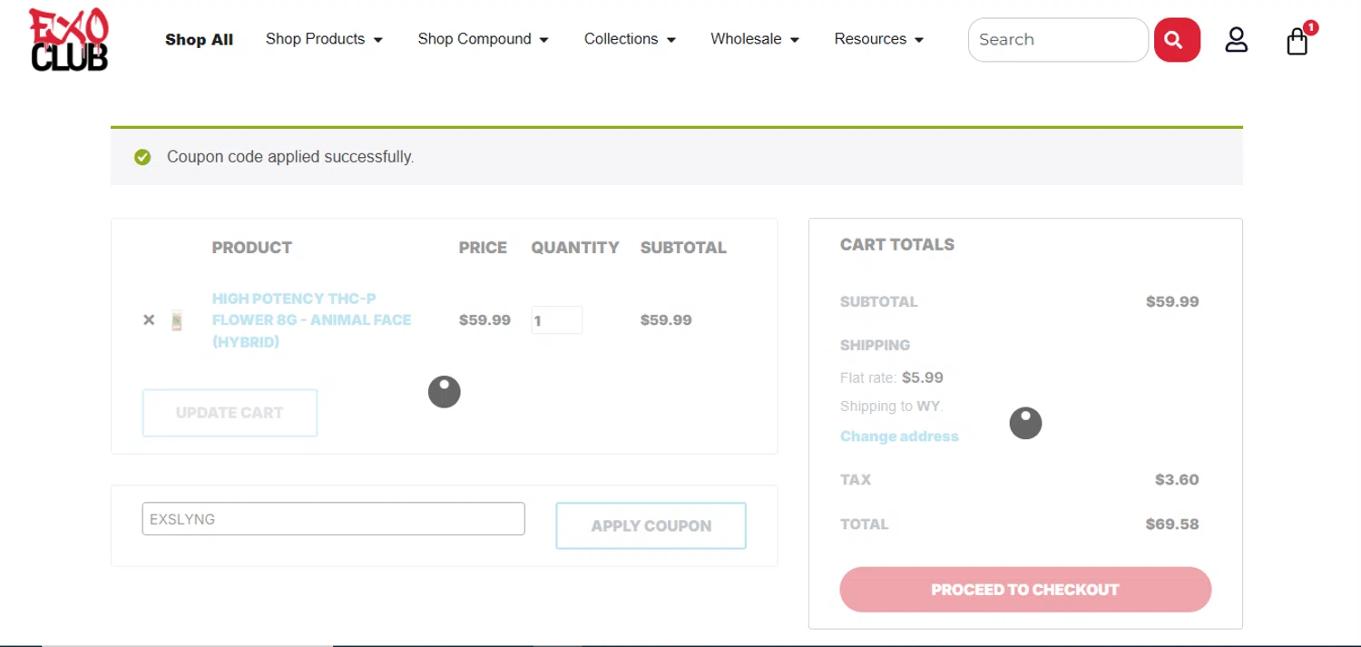 EXO Club coupon code screenshot showing code EXSLYNG applied at EXO Club checkout page. Uploaded by SimplyCodes community member CoinWarden5517 on Jun 5, 2025