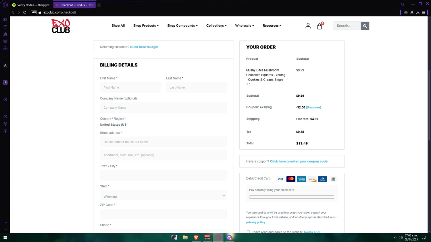 EXO Club coupon code screenshot showing code EXSLYNG applied at EXO Club checkout page. Uploaded by SimplyCodes community member Anzeer on Apr 8, 2025