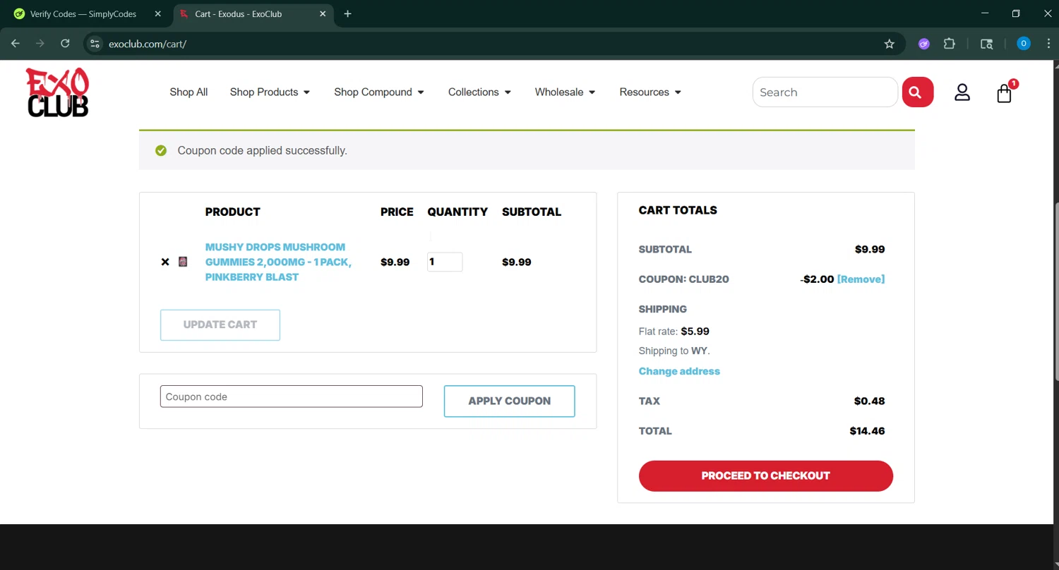 EXO Club coupon code screenshot showing code CLUB20 applied at EXO Club checkout page. Uploaded by SimplyCodes community member _____________ on Jun 23, 2025