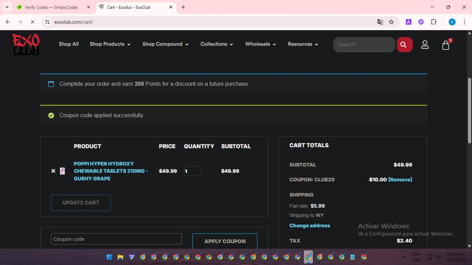 EXO Club coupon code screenshot showing code CLUB20 applied at EXO Club checkout page. Uploaded by SimplyCodes community member saltediosteve on Jul 23, 2025