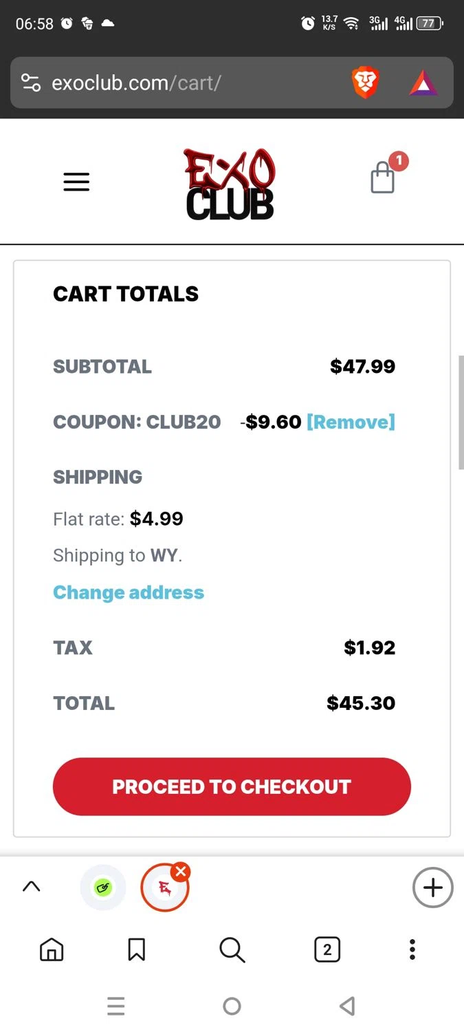 EXO Club coupon code screenshot showing code CLUB20 applied at EXO Club checkout page. Uploaded by SimplyCodes community member dayselis15 on May 25, 2025