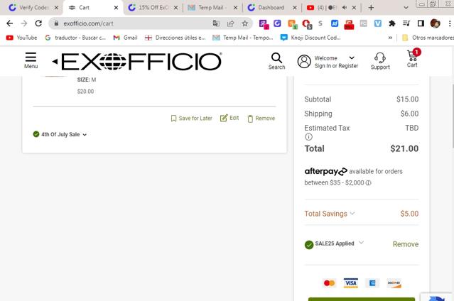 ExOfficio checkout page showing ExOfficio promo code box | Screenshot taken by SimplyCodes community member on Jun 26, 2022