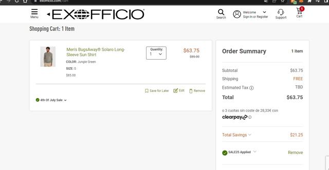 ExOfficio checkout page showing ExOfficio promo code box | Screenshot taken by SimplyCodes community member on Jun 26, 2022
