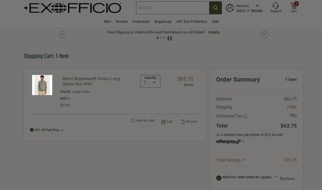 ExOfficio checkout page showing ExOfficio promo code box | Screenshot taken by SimplyCodes community member on Sep 11, 2022