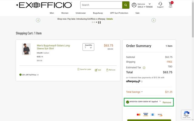 ExOfficio checkout page showing ExOfficio promo code box | Screenshot taken by SimplyCodes community member on Oct 26, 2022