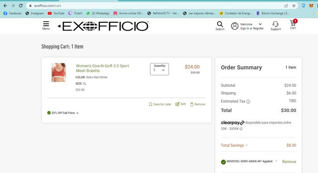 ExOfficio checkout page showing ExOfficio promo code box | Screenshot taken by SimplyCodes community member on Jun 26, 2022