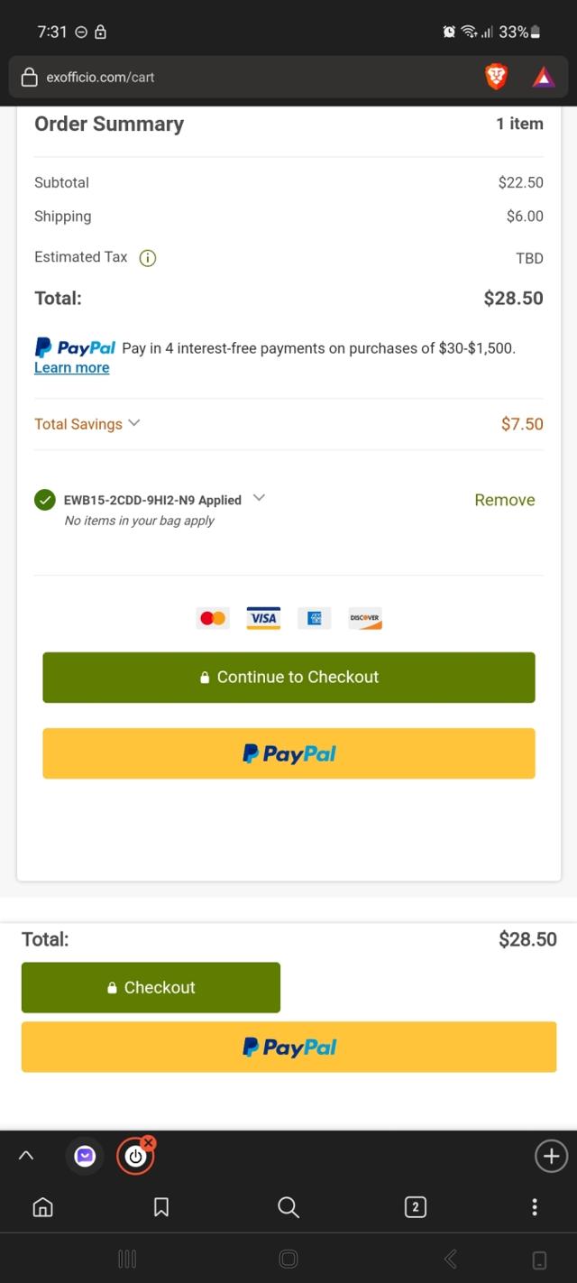 ExOfficio checkout page showing ExOfficio promo code box | Screenshot taken by SimplyCodes community member on Aug 27, 2023