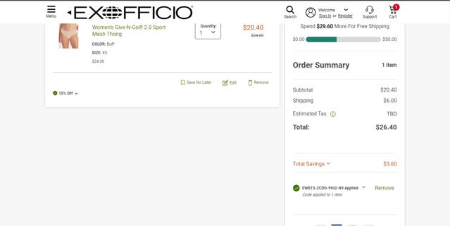 ExOfficio checkout page showing ExOfficio promo code box | Screenshot taken by SimplyCodes community member on Sep 17, 2023