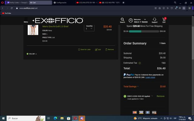 ExOfficio checkout page showing ExOfficio promo code box | Screenshot taken by SimplyCodes community member on Oct 7, 2023