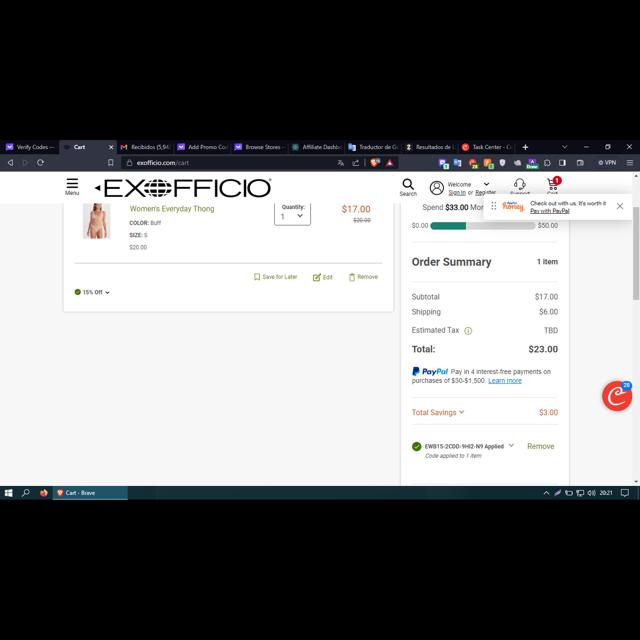 ExOfficio checkout page showing ExOfficio promo code box | Screenshot taken by SimplyCodes community member on Sep 7, 2023