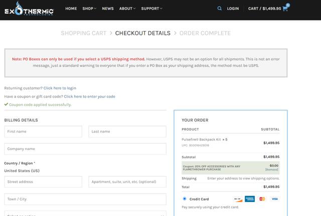 Exothermic Technologies checkout page showing Exothermic Technologies promo code box | Screenshot taken by SimplyCodes community member on Oct 22, 2024