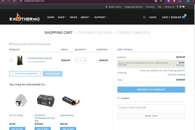 Exothermic Technologies checkout page showing Exothermic Technologies promo code box | Screenshot taken by SimplyCodes community member on Oct 31, 2024