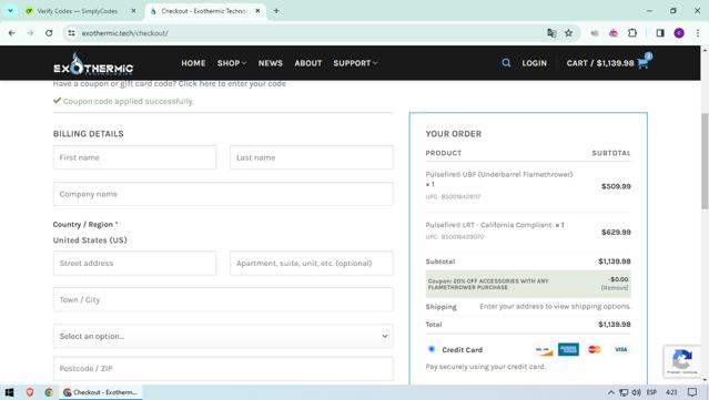 Exothermic Technologies checkout page showing Exothermic Technologies promo code box | Screenshot taken by SimplyCodes community member on Apr 5, 2024