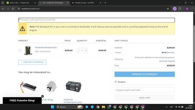 Exothermic Technologies checkout page showing Exothermic Technologies promo code box | Screenshot taken by SimplyCodes community member on Sep 11, 2025