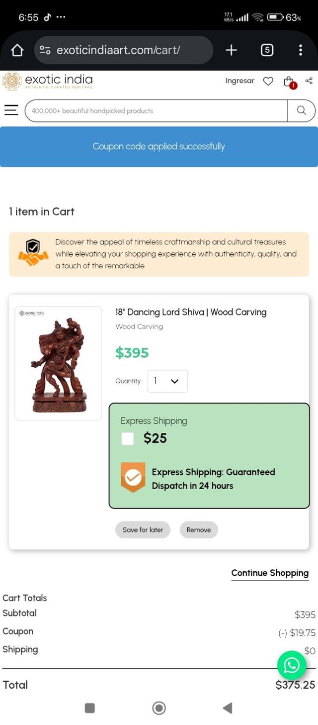 Exotic India checkout page showing Exotic India coupon code box | Screenshot taken by SimplyCodes community member on Jul 14, 2025