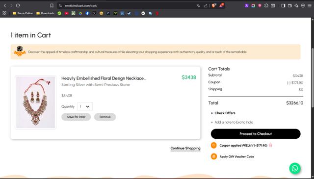 Exotic India checkout page showing Exotic India coupon code box | Screenshot taken by SimplyCodes community member on Aug 22, 2025