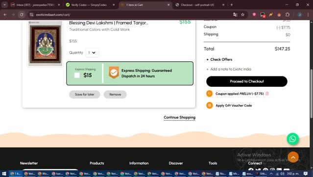 Exotic India checkout page showing Exotic India coupon code box | Screenshot taken by SimplyCodes community member on Jul 8, 2025