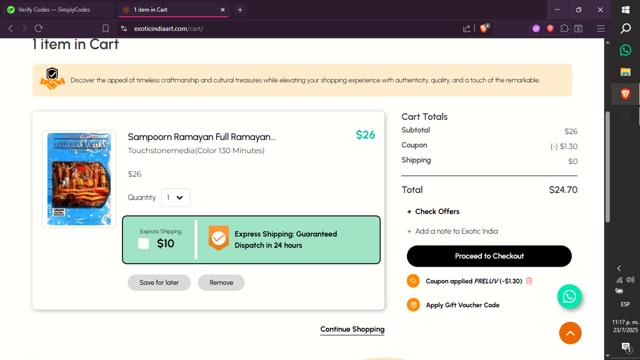 Exotic India checkout page showing Exotic India coupon code box | Screenshot taken by SimplyCodes community member on Jul 24, 2025