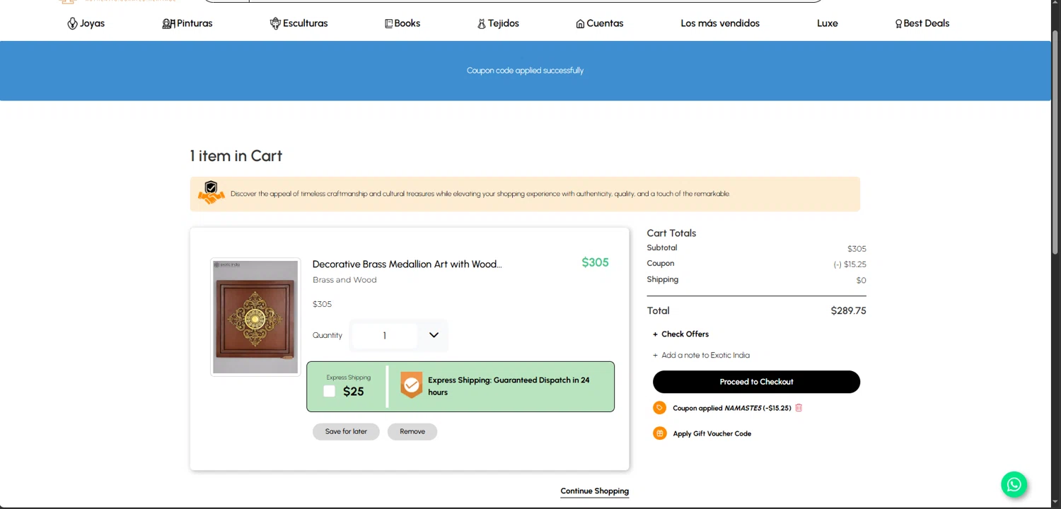 Exotic India promo code screenshot showing code NAMASTE5 applied at Exotic India checkout page. Uploaded by SimplyCodes community member NiceDeals on Jun 6, 2026