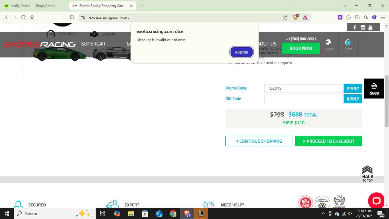 Exotics Racing promo code screenshot showing code FB2019 applied at Exotics Racing checkout page. Uploaded by SimplyCodes community member MightyLynx2818 on Mar 25, 2025