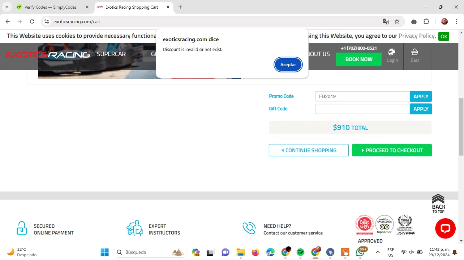 Exotics Racing promo code screenshot showing code FB2019 applied at Exotics Racing checkout page. Uploaded by SimplyCodes community member GloriousDefender7889 on Dec 30, 2024