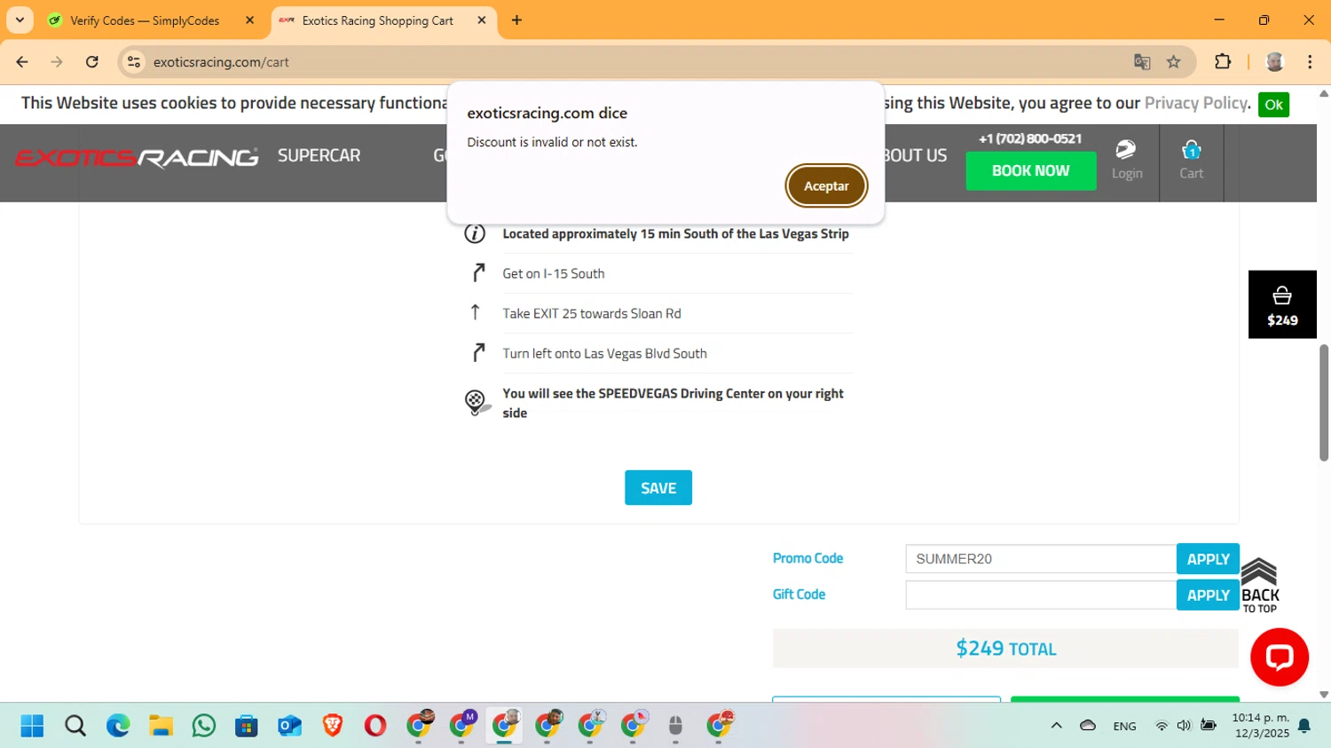 Exotics Racing promo code screenshot showing code SUMMER20 applied at Exotics Racing checkout page. Uploaded by SimplyCodes community member ManuelF on Mar 13, 2025
