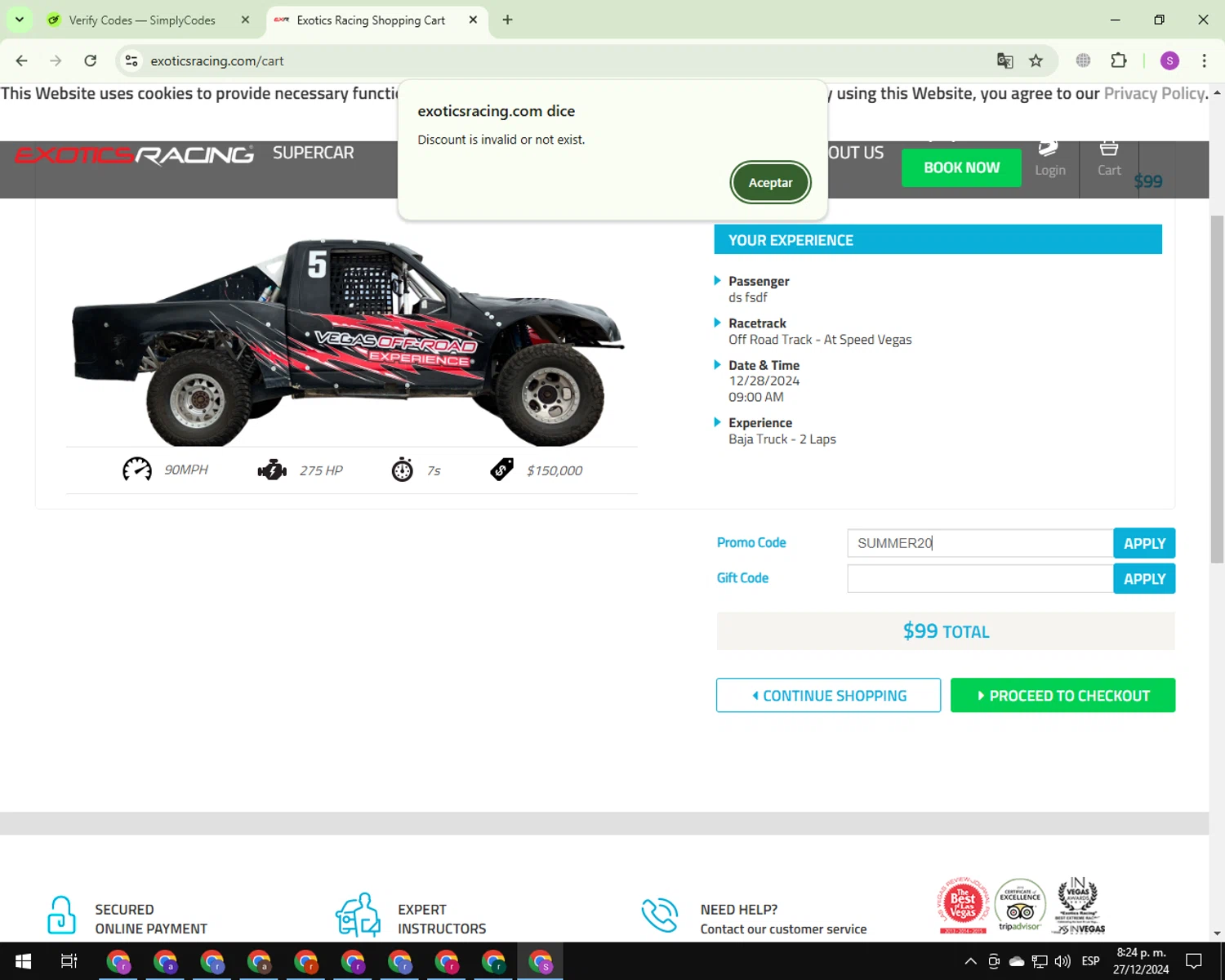 Exotics Racing promo code screenshot showing code SUMMER20 applied at Exotics Racing checkout page. Uploaded by SimplyCodes community member CouponScout7561 on Dec 28, 2024