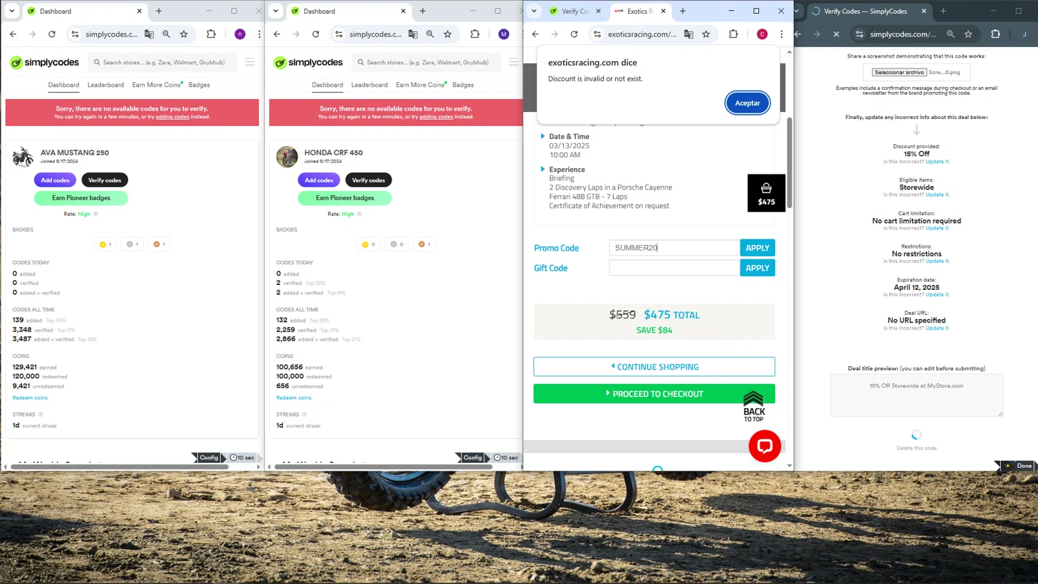 Exotics Racing promo code screenshot showing code SUMMER20 applied at Exotics Racing checkout page. Uploaded by SimplyCodes community member TOROREX250 on Mar 13, 2025