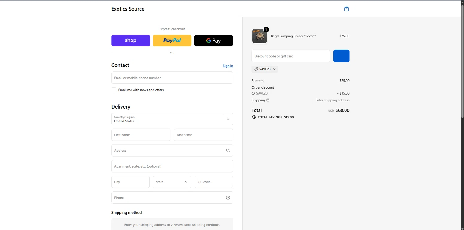 Exotics Source promo code screenshot showing code SAVE20 applied at Exotics Source checkout page. Uploaded by SimplyCodes community member SwiftCurator5517 on Nov 30, 2025