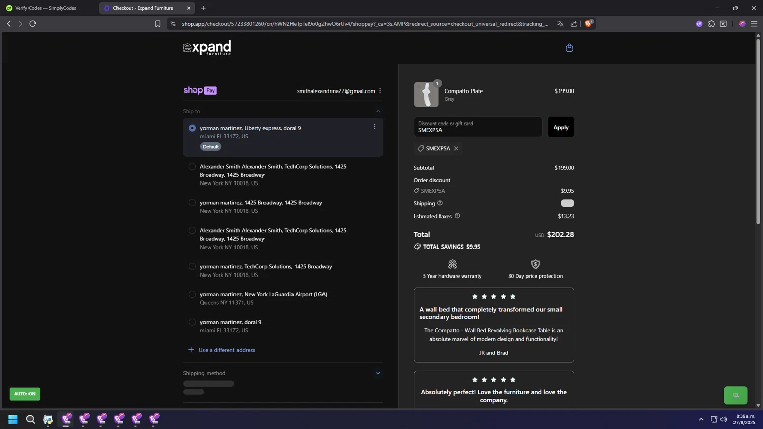 Expand Furniture coupon code screenshot showing code SMEXP5A applied at Expand Furniture checkout page. Uploaded by SimplyCodes community member HUMANIZER on Aug 27, 2025
