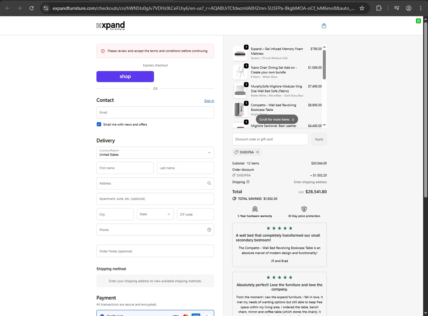 Expand Furniture coupon code screenshot showing code SMEXP5A applied at Expand Furniture checkout page. Uploaded by SimplyCodes community member ShrewdDefender8496 on Nov 30, 2025
