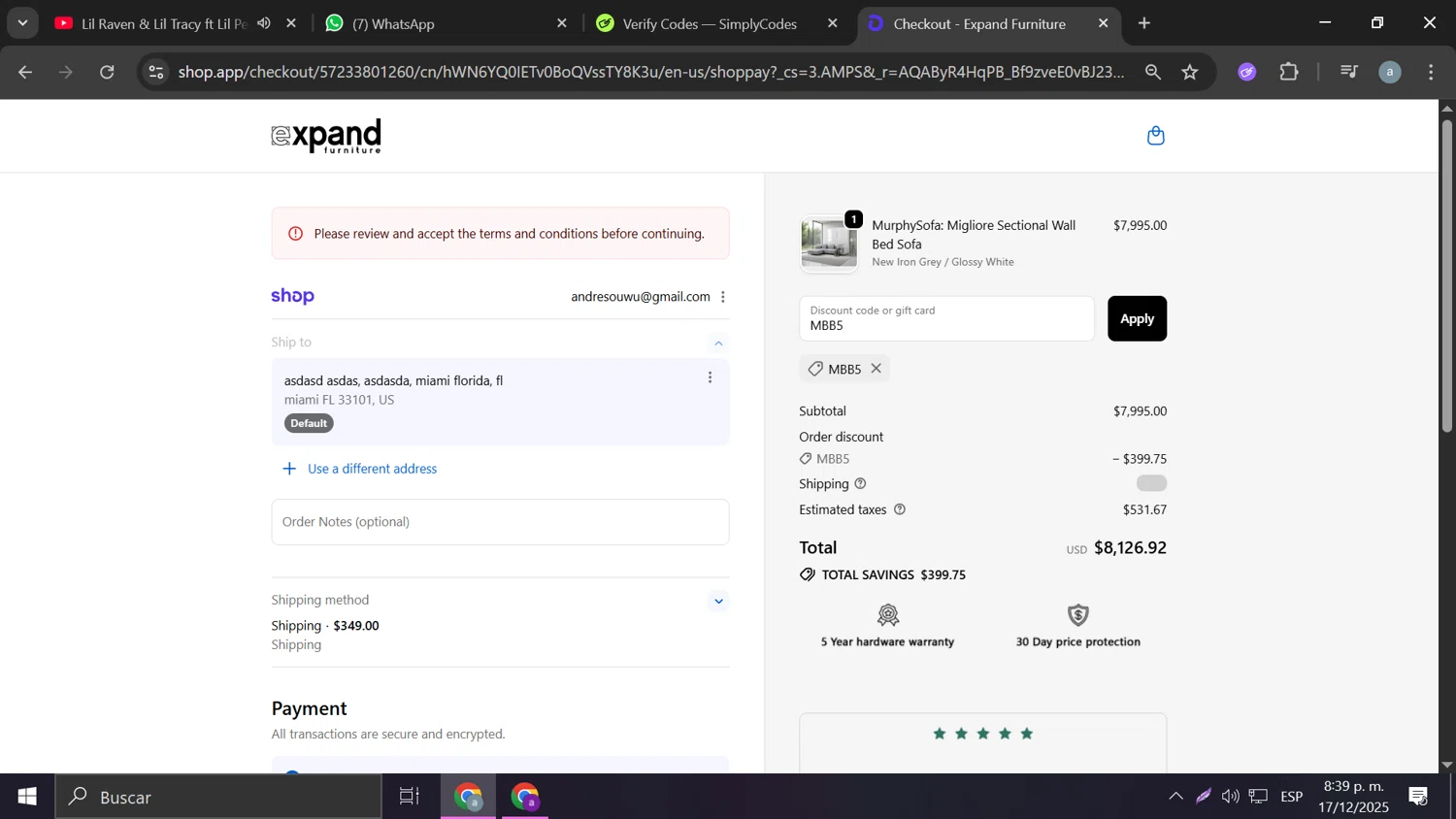 Expand Furniture coupon code screenshot showing code MBB5 applied at Expand Furniture checkout page. Uploaded by SimplyCodes community member Frizk_1 on Dec 18, 2025