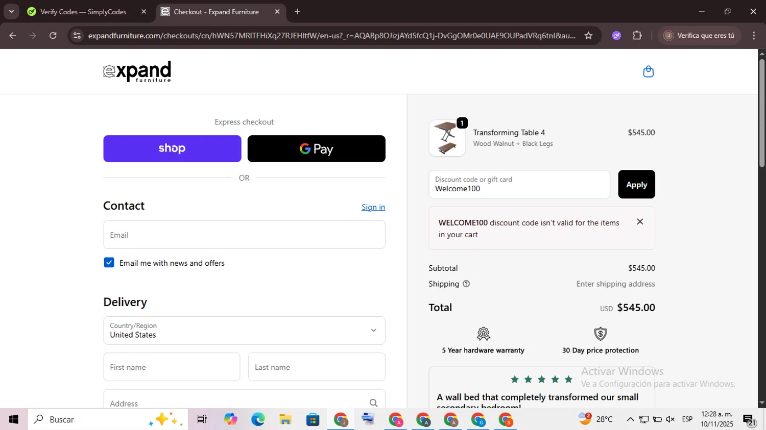 Expand Furniture coupon code screenshot showing code Welcome100 applied at Expand Furniture checkout page. Uploaded by SimplyCodes community member CrownChaser949 on Nov 10, 2025