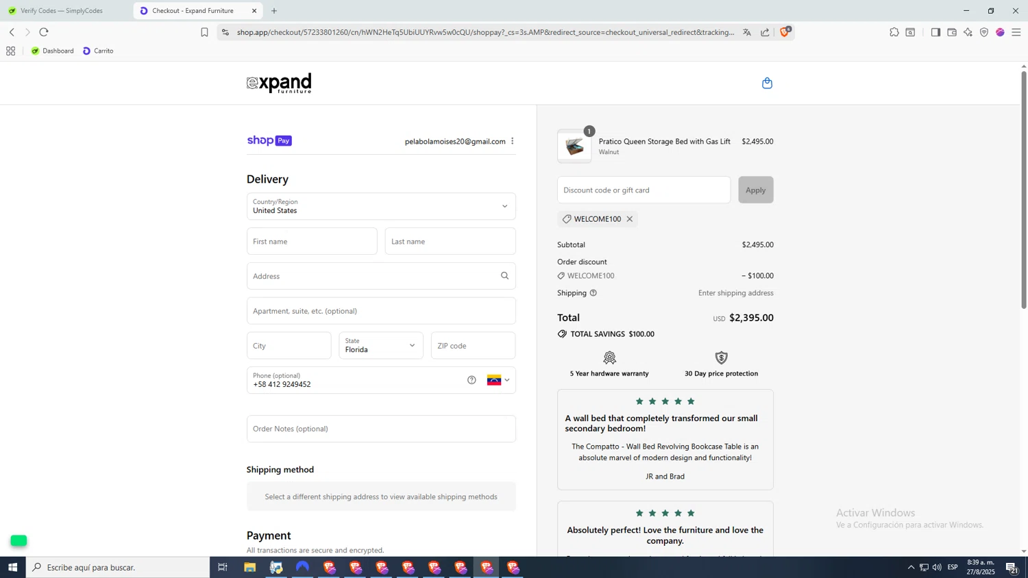 Expand Furniture coupon code screenshot showing code Welcome100 applied at Expand Furniture checkout page. Uploaded by SimplyCodes community member 1p1p1p on Aug 27, 2025