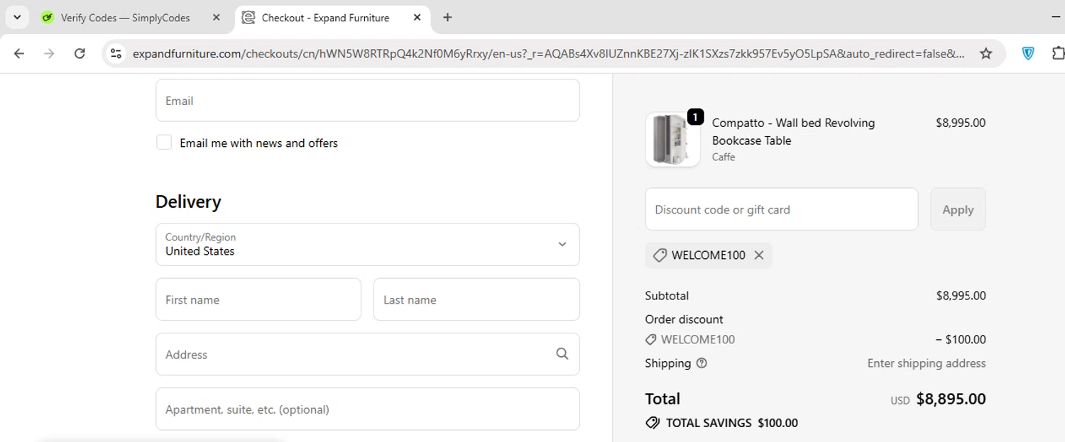 Expand Furniture coupon code screenshot showing code Welcome100 applied at Expand Furniture checkout page. Uploaded by SimplyCodes community member luispepe on Nov 20, 2025