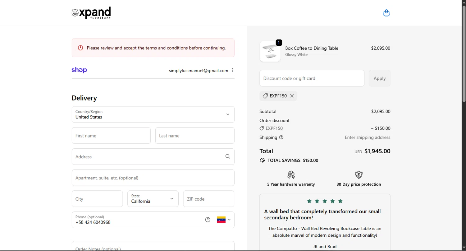 Expand Furniture coupon code screenshot showing code EXPF150 applied at Expand Furniture checkout page. Uploaded by SimplyCodes community member MagnificentTiger8908 on Nov 20, 2025