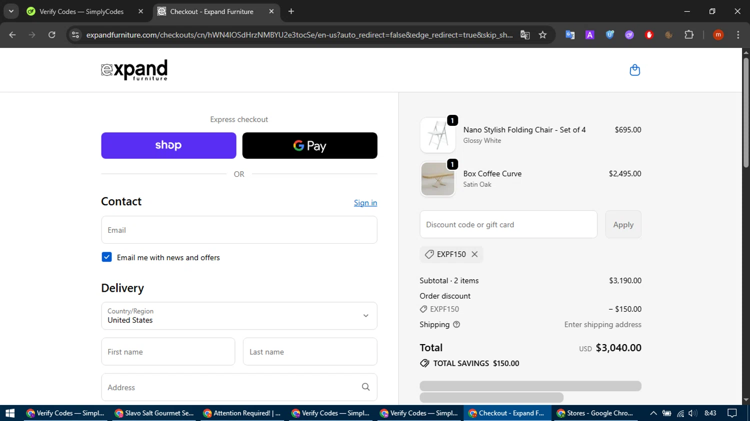 Expand Furniture coupon code screenshot showing code EXPF150 applied at Expand Furniture checkout page. Uploaded by SimplyCodes community member SmartFalcon9323 on Oct 19, 2025