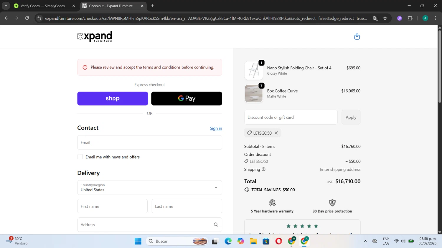 Expand Furniture checkout page showing Expand Furniture coupon code box | Screenshot taken by SimplyCodes community member on Feb 5, 2026