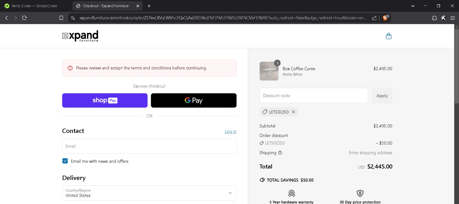 Expand Furniture coupon code screenshot showing code LETSGO50 applied at Expand Furniture checkout page. Uploaded by SimplyCodes community member MadaraUchiha07 on Mar 16, 2025