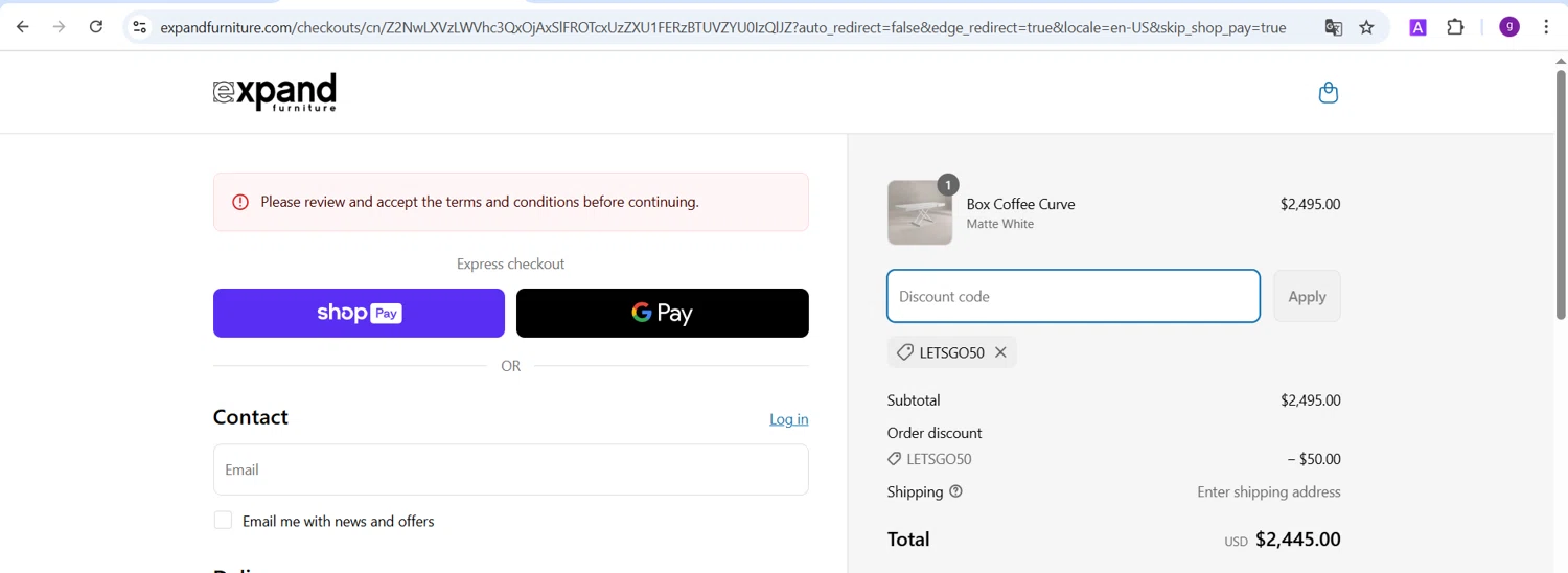 Expand Furniture coupon code screenshot showing code LETSGO50 applied at Expand Furniture checkout page. Uploaded by SimplyCodes community member RoyalGenius4818 on Mar 31, 2025