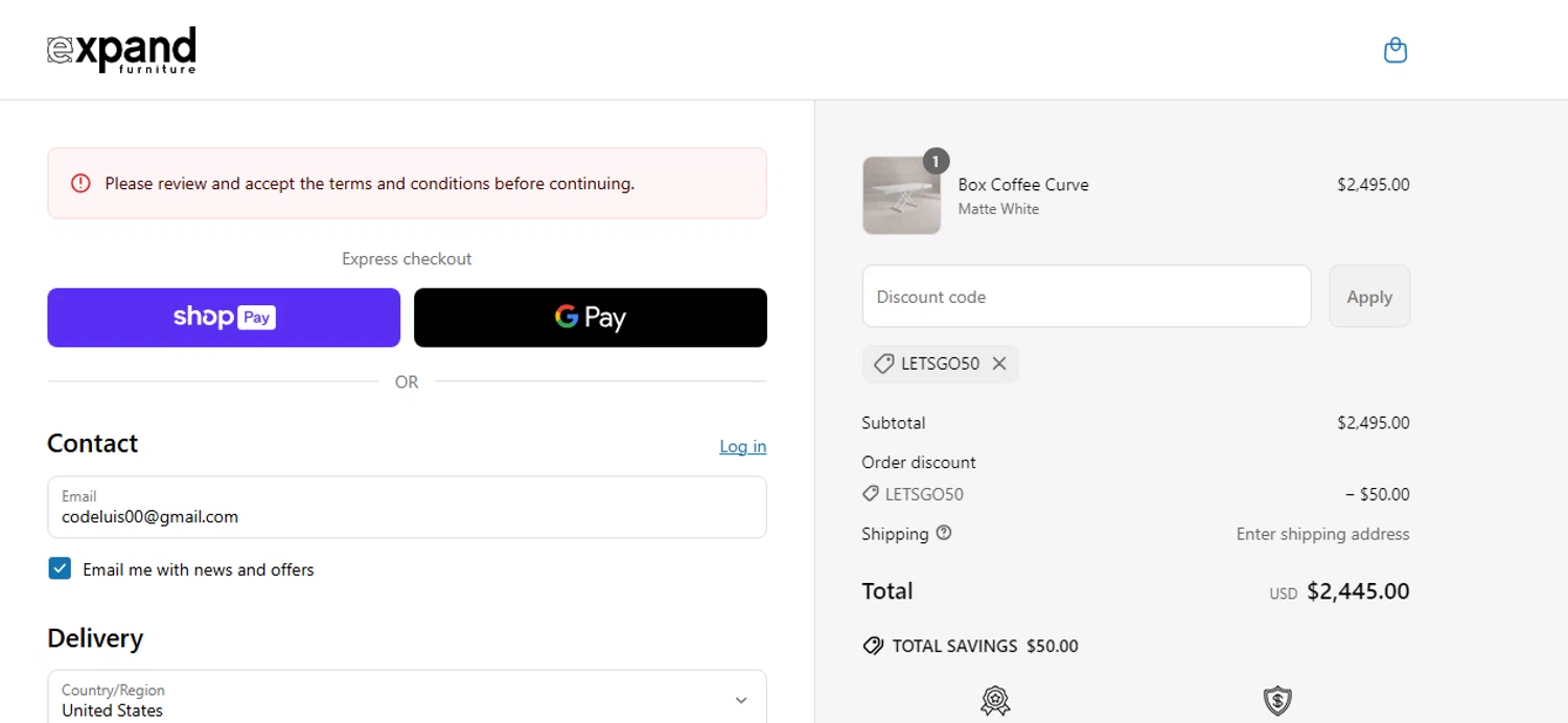 Expand Furniture coupon code screenshot showing code LETSGO50 applied at Expand Furniture checkout page. Uploaded by SimplyCodes community member Yossoy on Mar 16, 2025